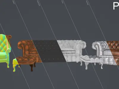 Chair Chesterfield Leather 4 Piece Suite Low-poly 3D model