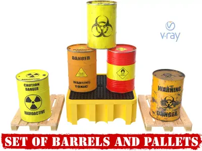 Set of barrels and pallets 3D model