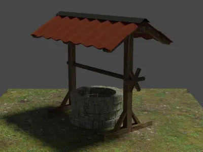 Stone Well with rope and mechanism 3D model