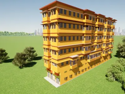 Realistic Building 3D model apartment in middle of field 3D model
