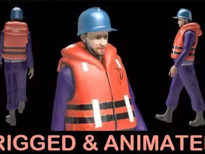 Worker man in life jacket Low-poly 3D model