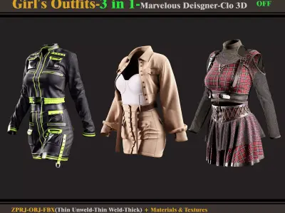 3 in 1 Girls Outfits-Models-Materials-Textures 3D model