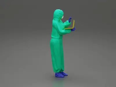 woman wearing antivirus suit standing and holding a laptop 3D print model