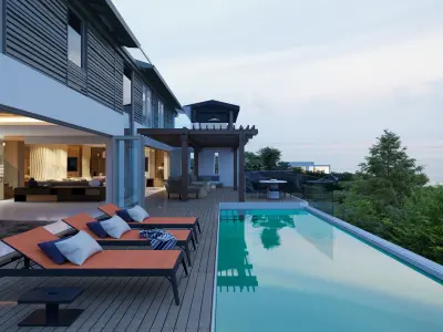 Luxury house with pool 3 setups in 1 day cloudy and night 3D model