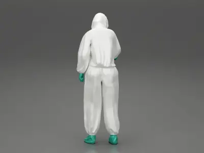 woman wearing antivirus suit standing measures the temperature 3D print model