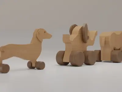Wooden Animals Toys Collection Wheeled Dog Rhino Elephant Low-poly 3D model