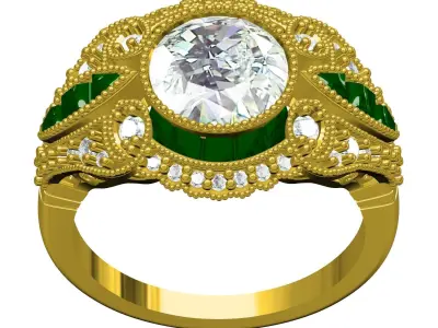 Unique Large Round Diamond Bezel Set Art Deco Ring 3D print model