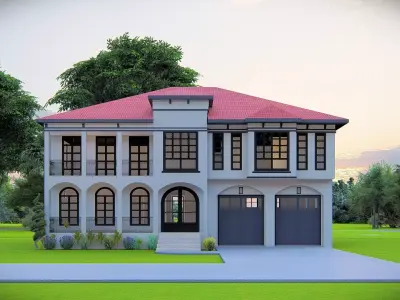 Elegant Mediterranean Style Two-Story Villa with Red Roof 3D model