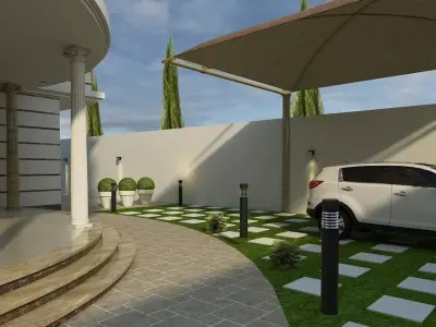 Awning house with car parked in driveway 3D model