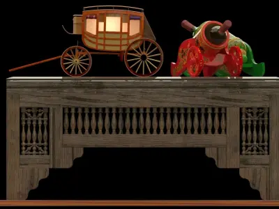Chinese table with wine bottle and stagecoach 3D model