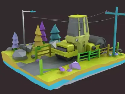 bulldozer car cartoon crane crawler forklift heavy industrial 3D model