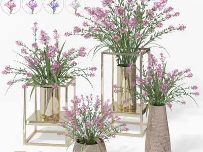 4 colors lilac in vases and pot stands white pink purple blue 3D model