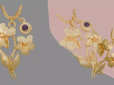 Elegant Gold Floral Pendant with Gem Low-poly 3D model