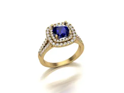 A Regal Radiance Cushion-Cut Sapphire Double Halo Diamond Ring 3D print model