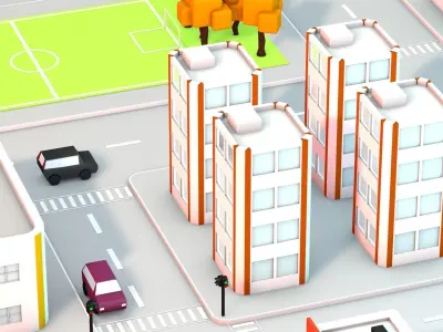 Low Poly City with buildings and trees Low-poly 3D model