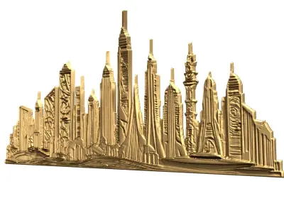 Futuristic Cityscape Relief wall panel decor set 01 3D print model