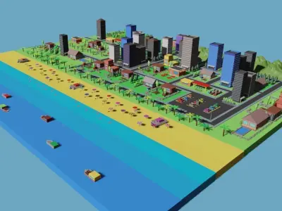 Low Poly City 3D on beach Low-poly 3D model