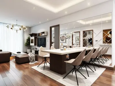 Livingroom Kitchenroom and Dinningroom 3dmodel V-ray Scene 3D model