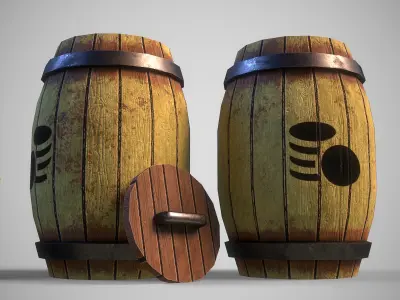 Stylized gameready barrel with golden coins Low-poly 3D model
