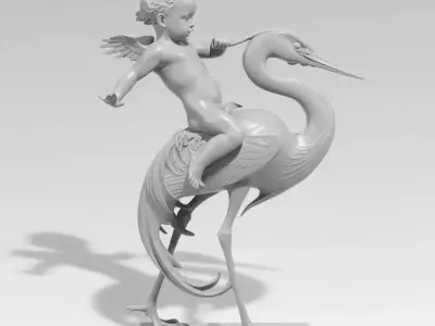 Bronze Sculpture Cherub Riding Heron Classical Artistic Figurine Low-poly 3D model