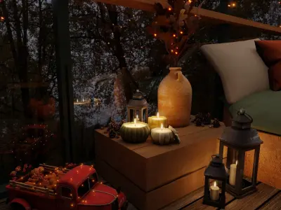 Autumn Balcony Blender Scene - EVENING 3D model