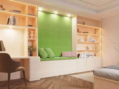Bookshelf - desk - seating area interior scene 3D model