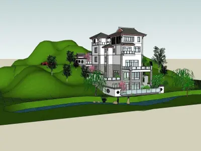 A Chinese style villa built on the mountain 3D model