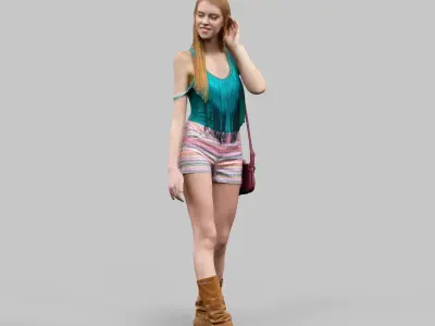 Casual girl in Boots Color full Shorts and green top Walking 3D model