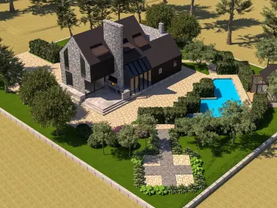 Modern Stone and Wood Luxury Villa with Pool full 3d scene Low-poly 3D model