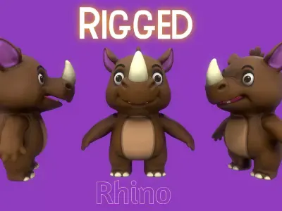 Rigged Brown Cute Playful Rhino Low-poly 3D model