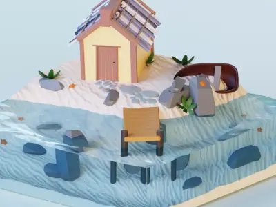Low Poly Floating Island with Stylized Water  Low-poly 3D model