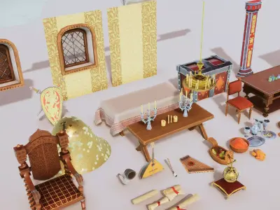 Stylized Medieval Interior Props Kit 70 plus Items Low-poly 3D model