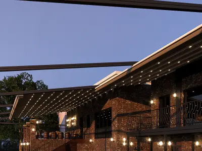 Restaurant with tables and chairs at dusk 3D model