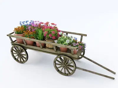 wooden cart flower pot 3D model