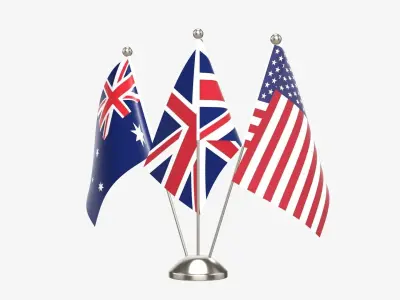 Desk decorative flag on triple flagpole 3D model