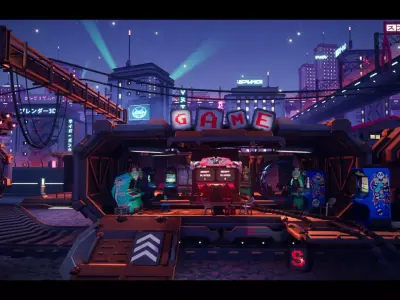 Stylized Cyberpunk Arcade Environment Low-poly 3D model