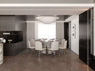 Modern Luxury Open-Plan Living Room with Marble Kitchen Island 3D model