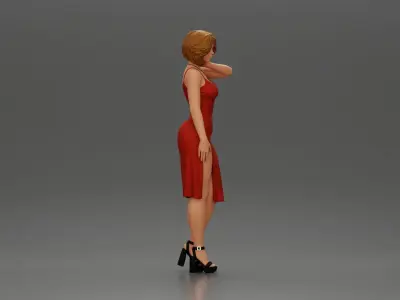 Girl in mini dress and heels with short hair places hand on neck 3D print model