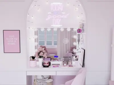 Hollywood Makeup Mirror with Lights Bedroom with Neon Sign 3D model