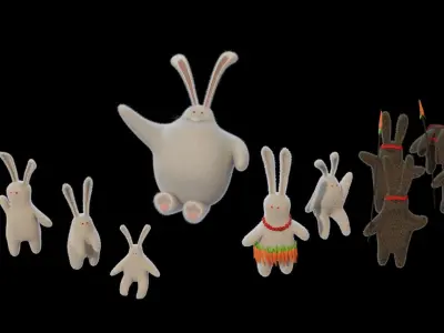 Stylized furry rabbits collection low poly Low-poly 3D model