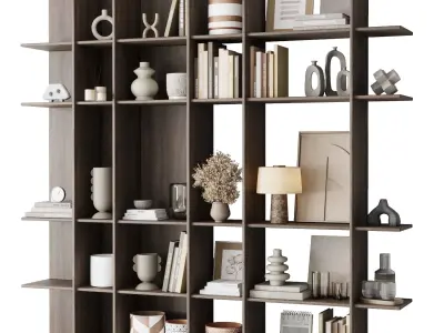 Wooden Shelves Decorative With Plants and Book - Wooden Rack 22 3D model