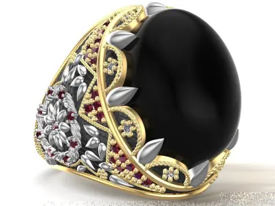 Turkish King Crown Black Onyx Silver Men Ring 3D print model