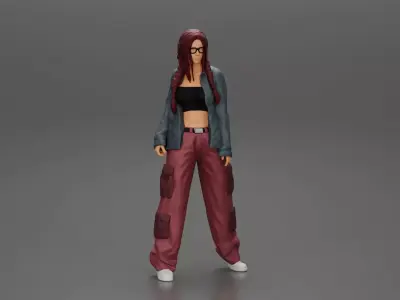gangster lowrider girl posing in long shirt with long pigtail 3D print model