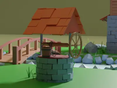 Watermill House Low Poly -  Wood Farm mill  Low-poly 3D model