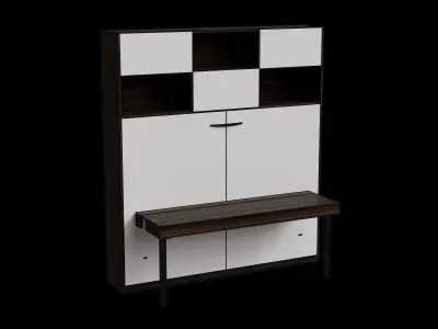 White Cabinet Brown Walnut Drawers Wall Bed Opened Low-poly 3D model