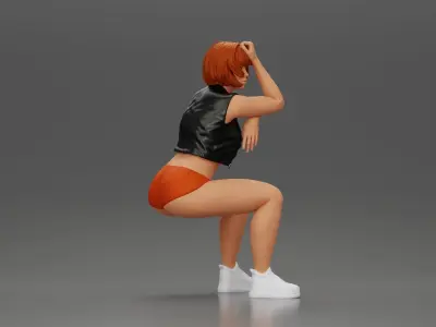 Girl in Mini Leather Jacket Shorts Sitting Leaning with Hands 3D print model