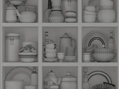 Kitchen set dishes on shelf 3D model
