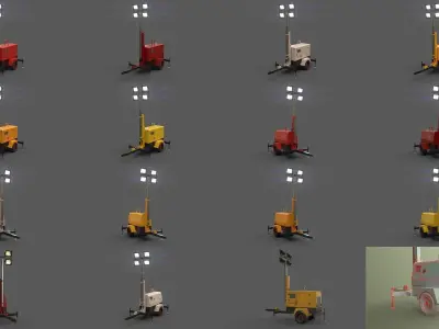PBR Mobile Light Tower Generator and Oil Drum 3D Model Collection