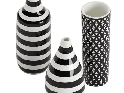 Set of 3 black and white patterned vases 3D model