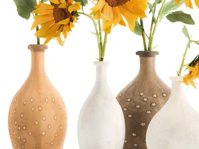Flower bouquet of sunflowers in a clay vase 132 3D model